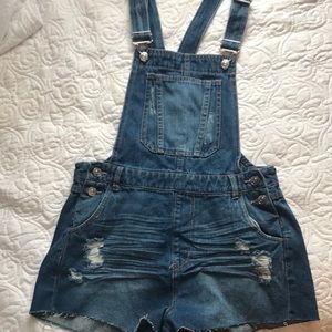 Denim short bib overalls